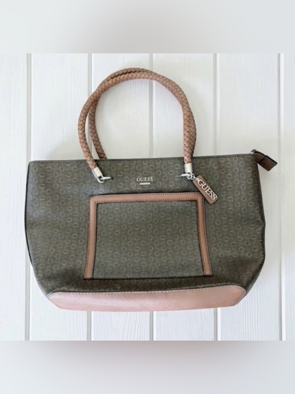 GUESS Brown Logo Pattern Tote Shoulder Bag Purse Zip Closure Handles Large